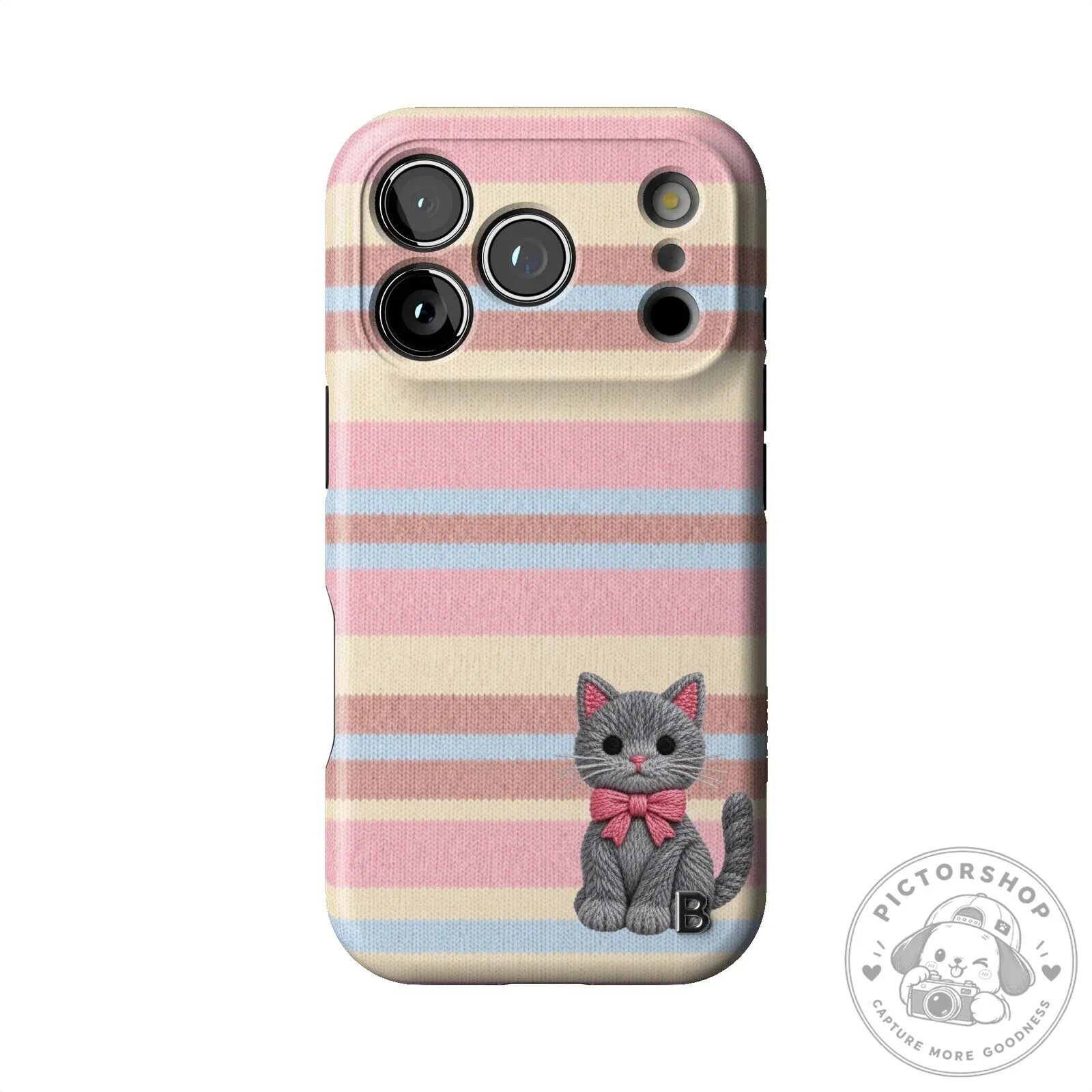 Cute Gray Kitten Pink Striped Knit Pattern iPhone Case for Apple Smartphone 13 Cute Gray Kitten Pink Striped Knit Pattern iPhone Case for Apple Smartphone