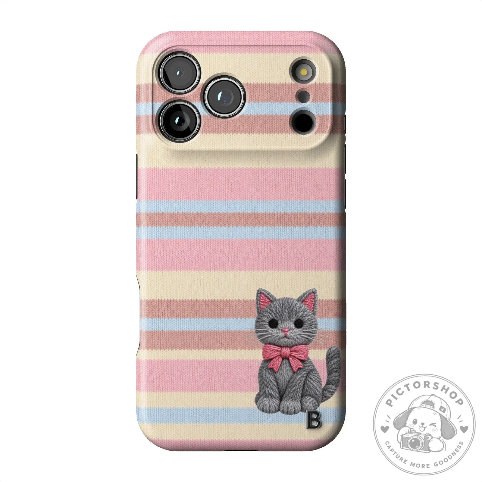 Cute Gray Kitten Pink Striped Knit Pattern iPhone Case for Apple Smartphone 14 Cute Gray Kitten Pink Striped Knit Pattern iPhone Case for Apple Smartphone