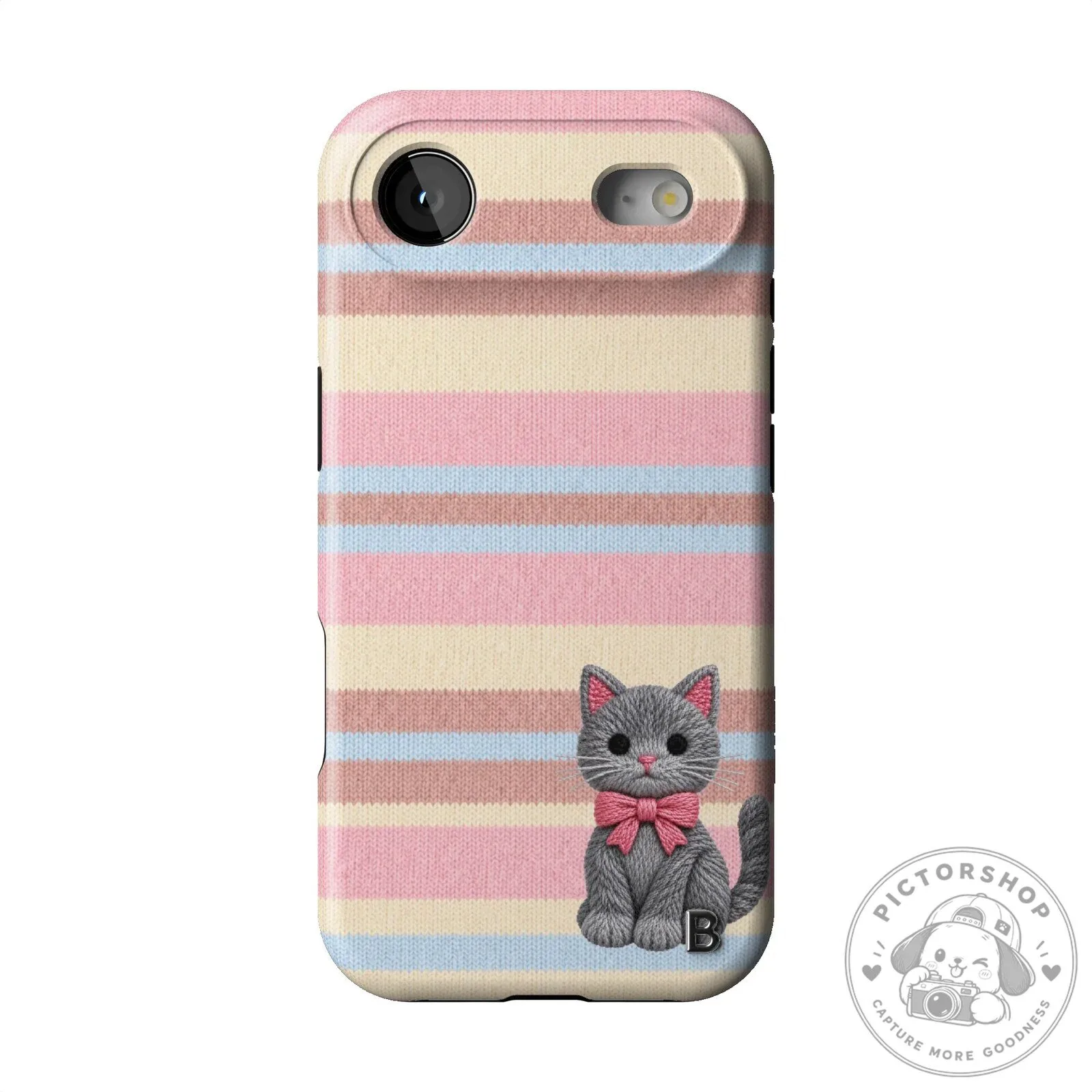 Cute Gray Kitten Pink Striped Knit Pattern iPhone Case for Apple Smartphone 15 Cute Gray Kitten Pink Striped Knit Pattern iPhone Case for Apple Smartphone