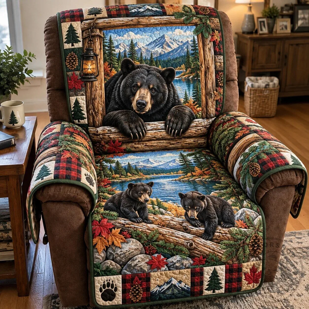 Mountain Bear Family Quilted Recliner Chair Cover Protector