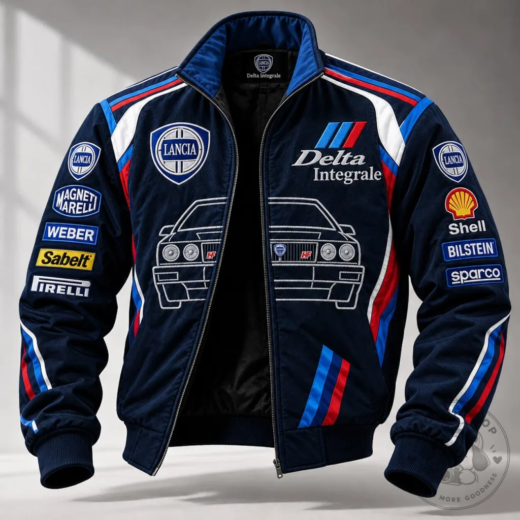 Bomber Jacket Featuring Sponsor Logos for Lancia Delta Integrale Racing Car Bomber Jacket Featuring Sponsor Logos for Lancia Delta Integrale Racing Car