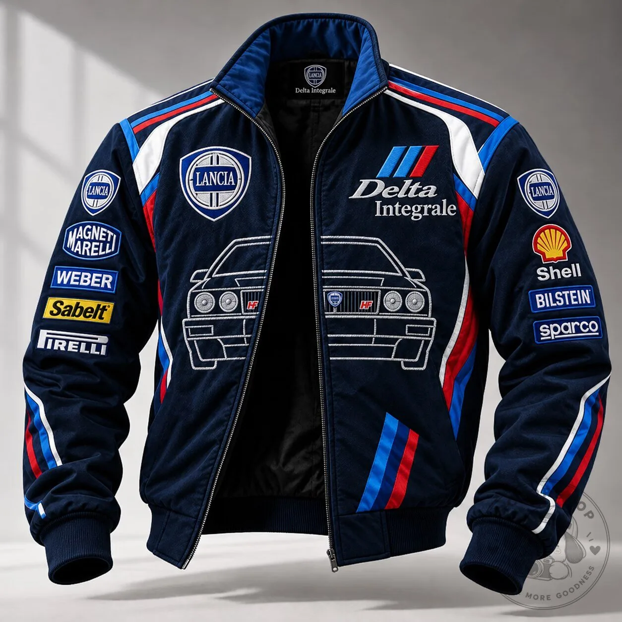 Bomber Jacket Featuring Sponsor Logos for Lancia Delta Integrale Racing Car 5 Bomber Jacket Featuring Sponsor Logos for Lancia Delta Integrale Racing Car