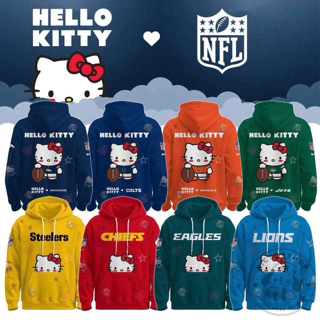 Hello Kitty NFL Football Teams Graphic Print Warm Fleece Hoodie Hello Kitty NFL Football Teams Graphic Print Warm Fleece Hoodie