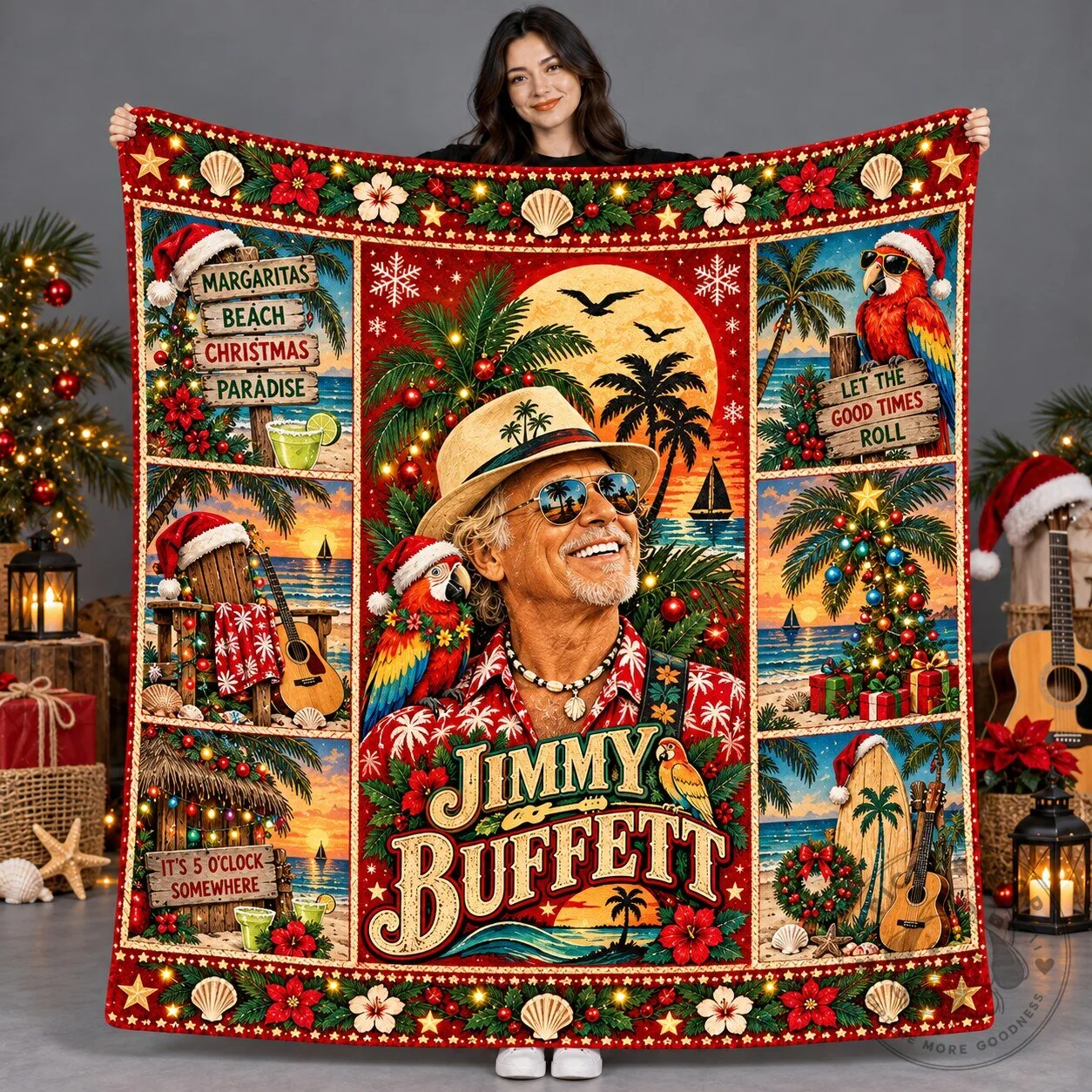 Jimmy Buffett Tropical Portrait Christmas Patchwork Fleece Blanket 5 Jimmy Buffett Tropical Portrait Christmas Patchwork Fleece Blanket
