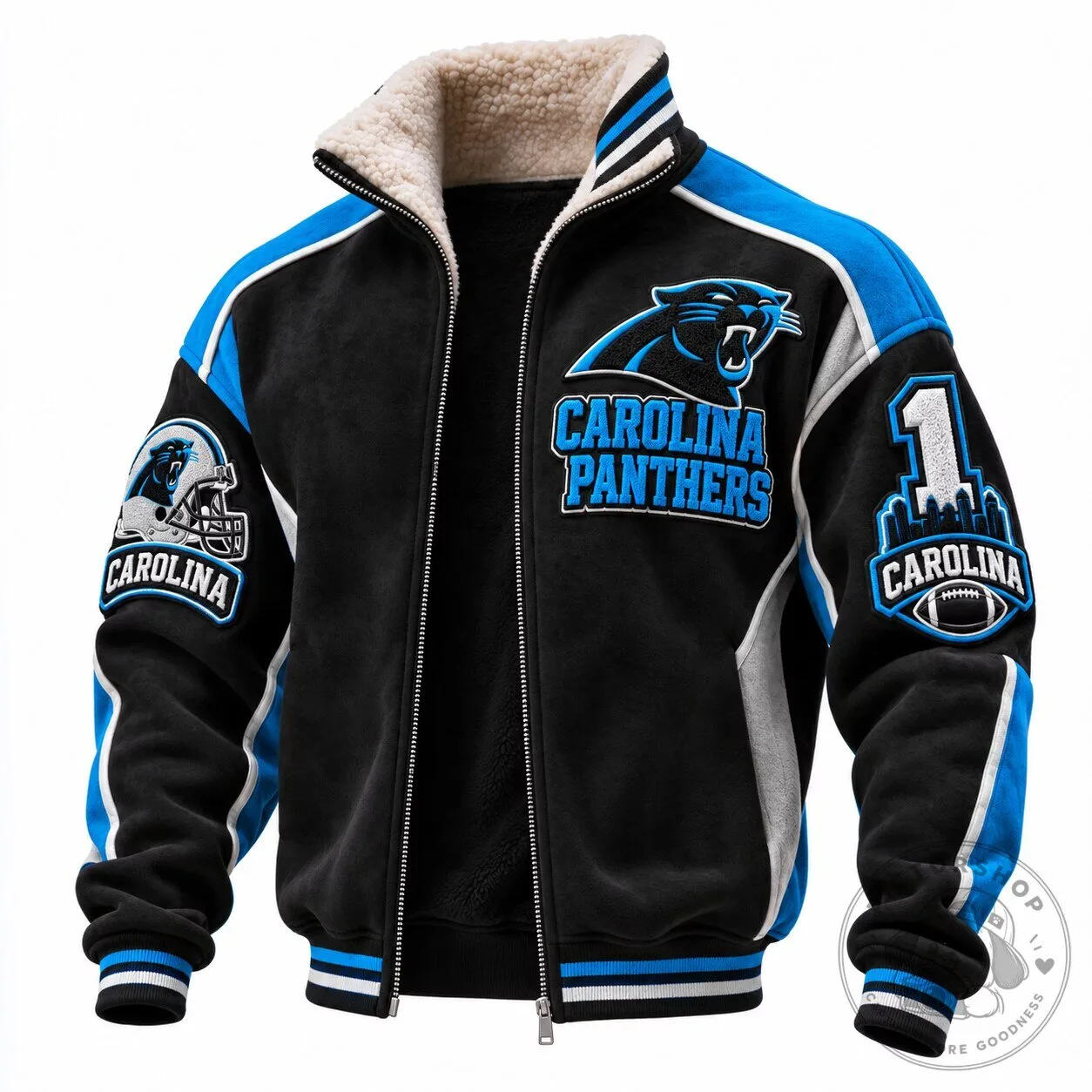 Carolina Panthers NFL Football Team Logo Black and Blue Varsity Jacket 1 Carolina Panthers NFL Football Team Logo Black and Blue Varsity Jacket