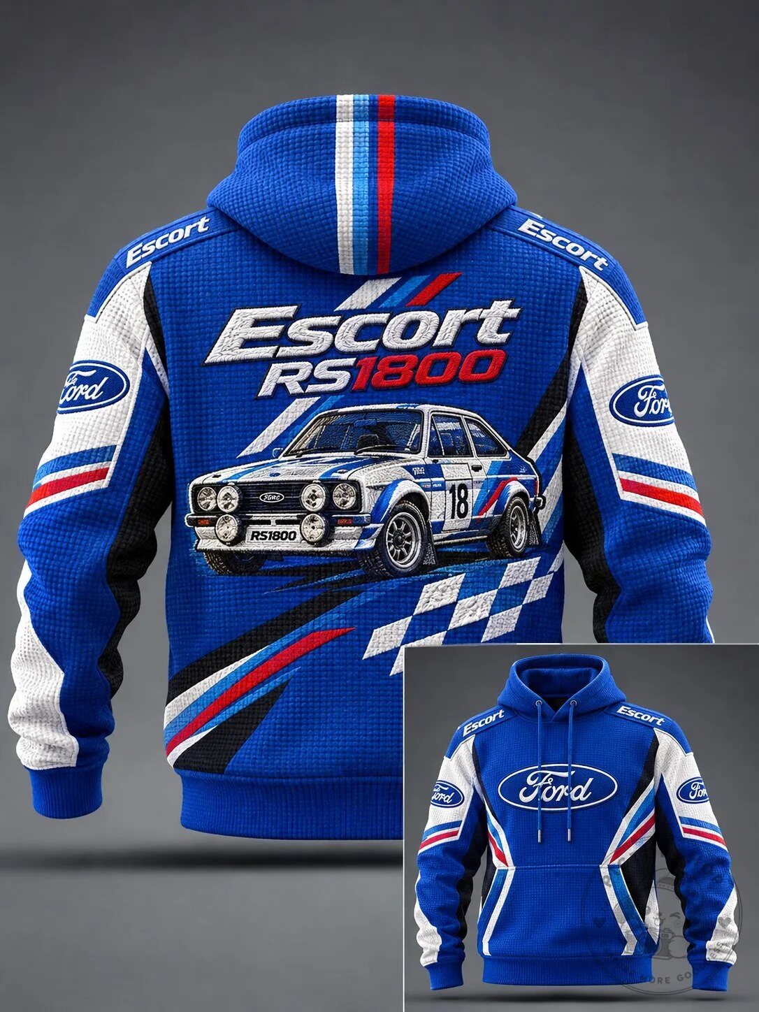 Ford Escort RS1800 Rally Car Racing Blue Waffle Knit Hoodie