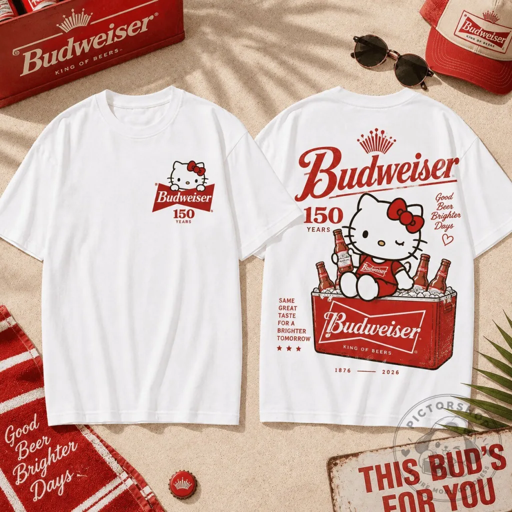 Hello Kitty Budweiser 150 Years King of Beers White Graphic T-Shirt Hello Kitty Budweiser 150 Years King of Beers White Graphic T-Shirt