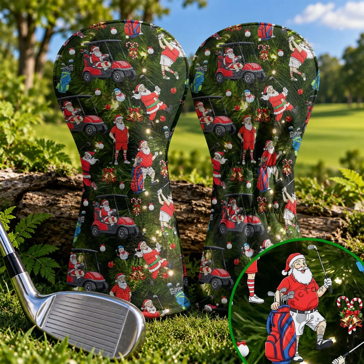 Funny Santa Claus Golfing Christmas Pattern Golf Club Head Cover Set