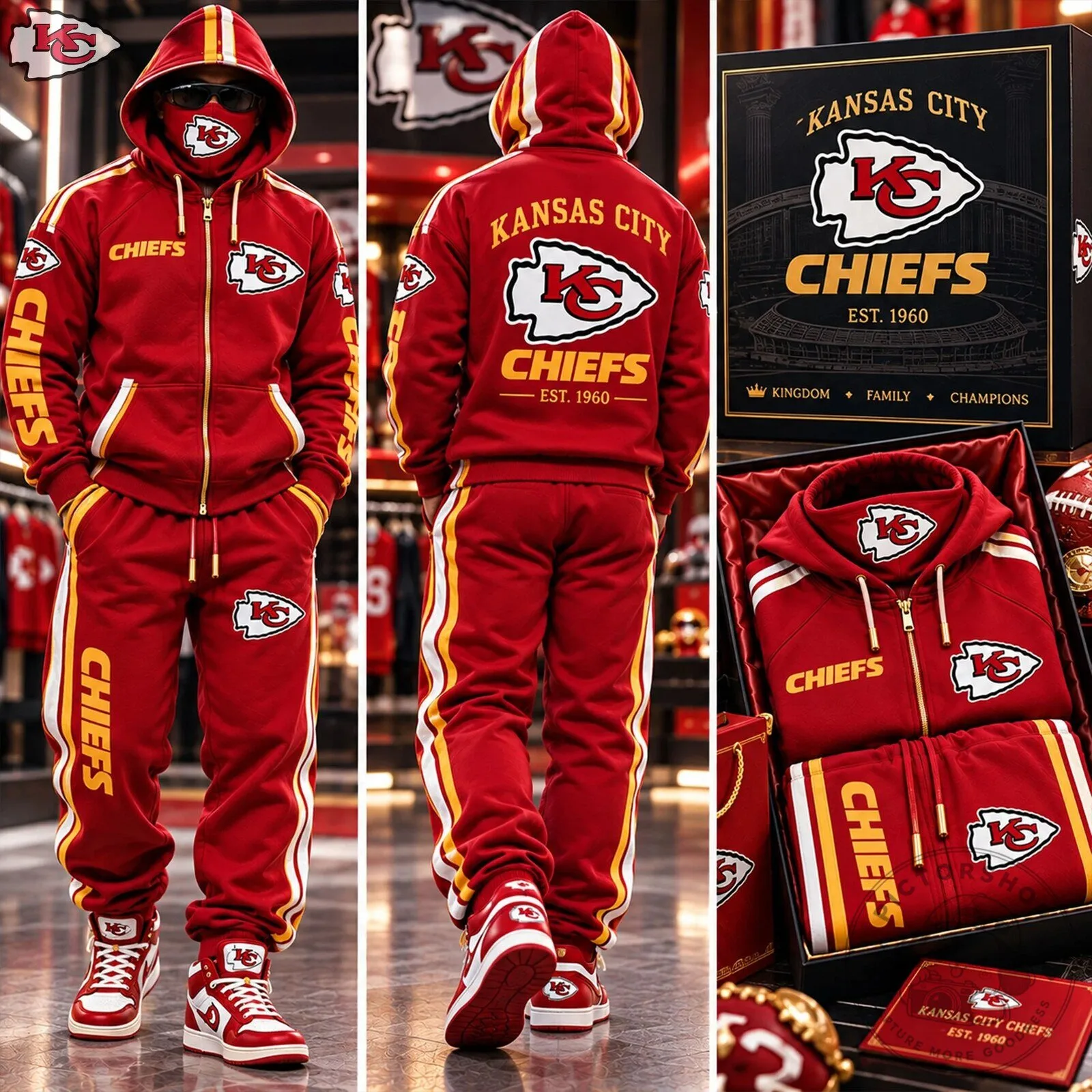 Red Full Zip Hoodie Tracksuit Set for Kansas City Chiefs Football Team