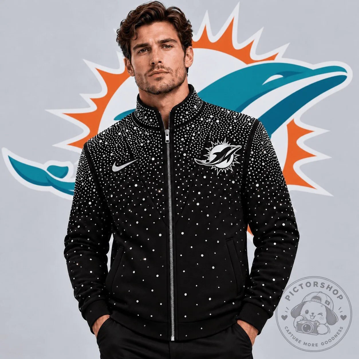 Miami Dolphins Sparkling Rhinestone Effect Full Zip Black Jacket