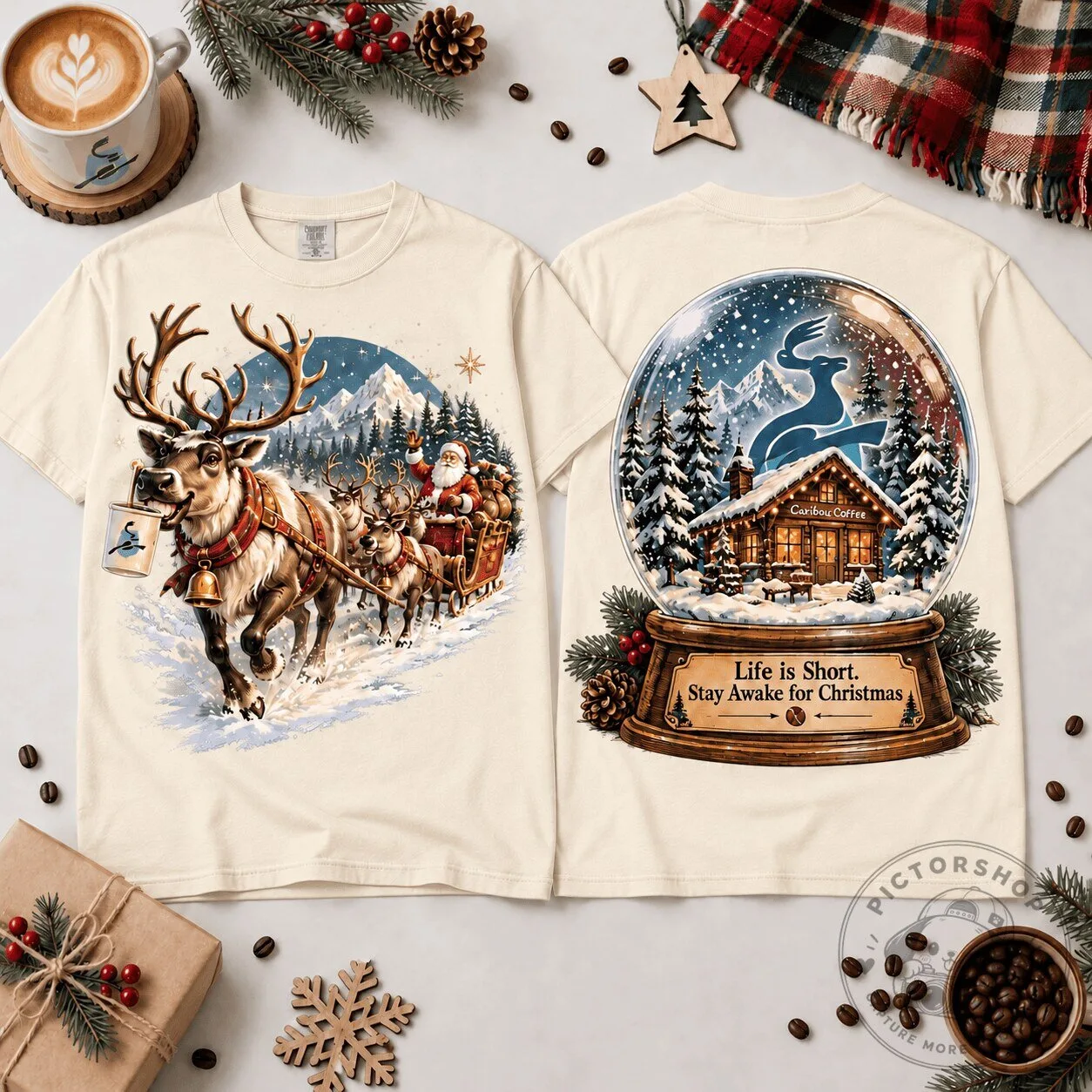 Caribou Coffee Reindeer Santa Christmas Snow Globe Winter Wonderland T-Shirt 2 Caribou Coffee Reindeer Santa Christmas Snow Globe Winter Wonderland T-Shirt