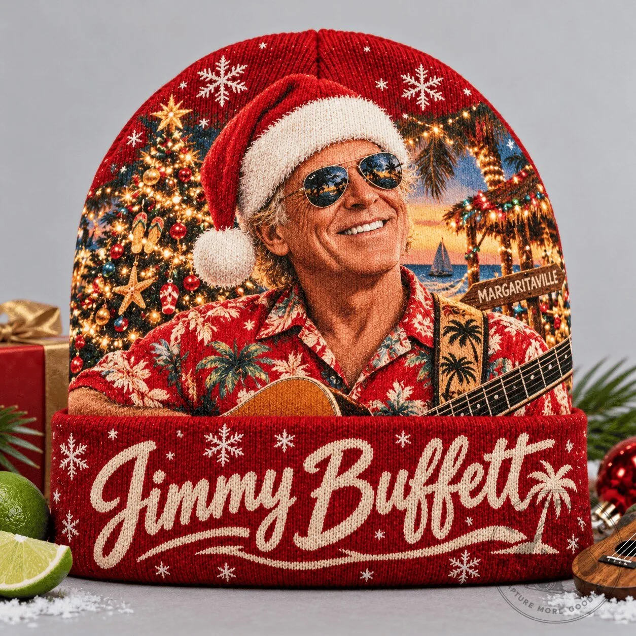 Jimmy Buffett Margaritaville Christmas Tree Portrait Red Knit Beanie Hat
