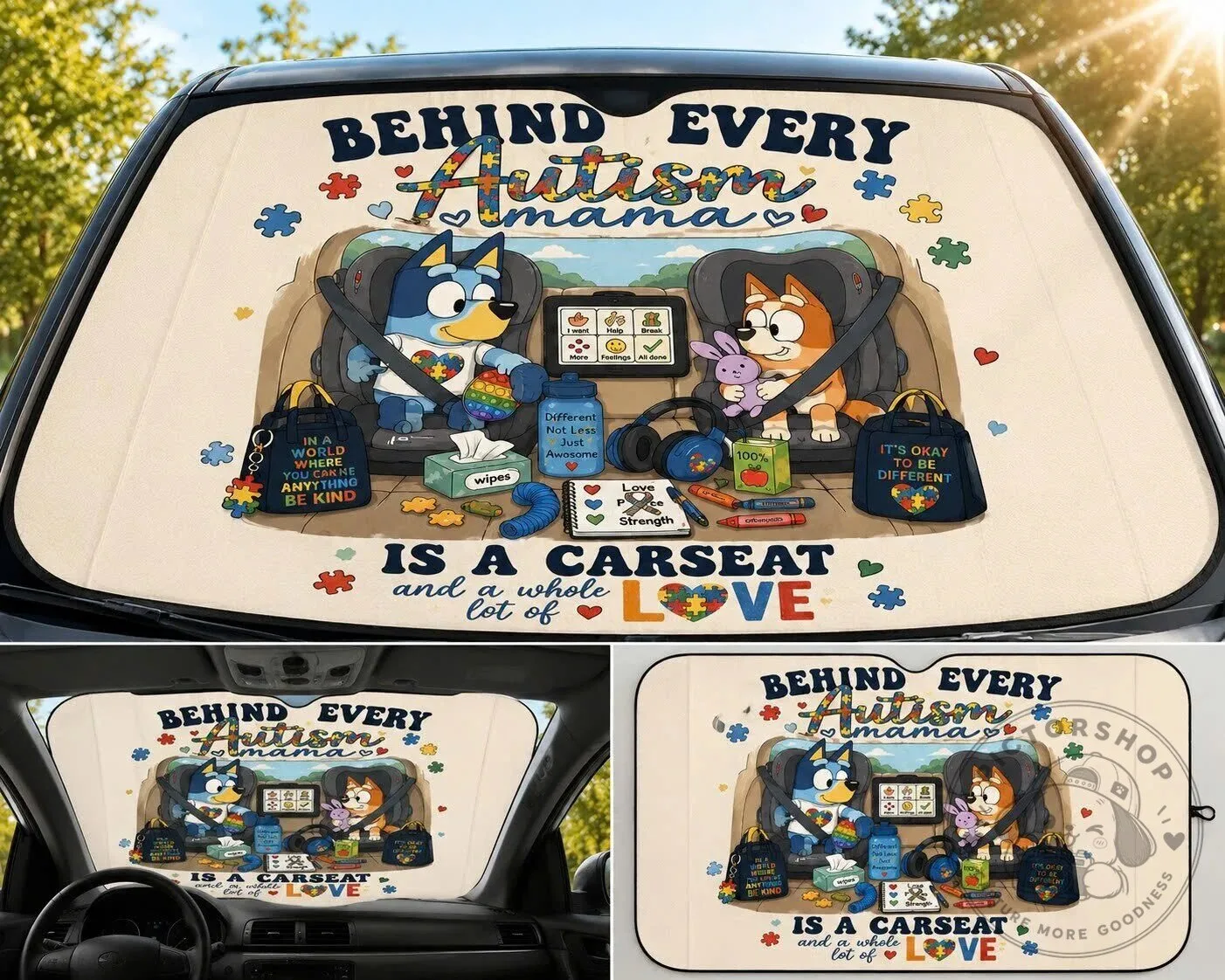 Behind Every Autism Mama Bluey and Bingo Car Windshield Sunshade