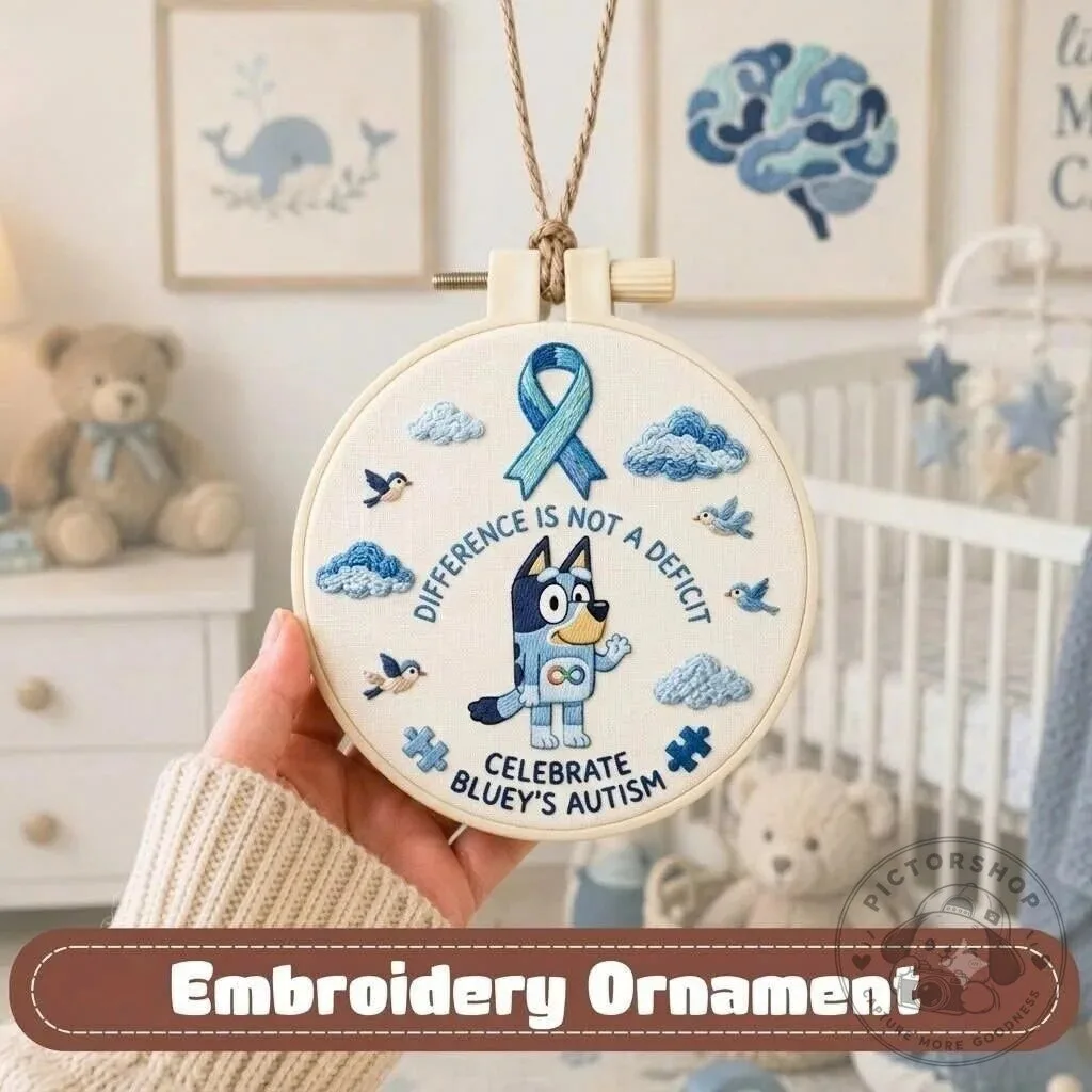 Bluey Autism Awareness Embroidered Hoop Ornament for Children's Room Decor