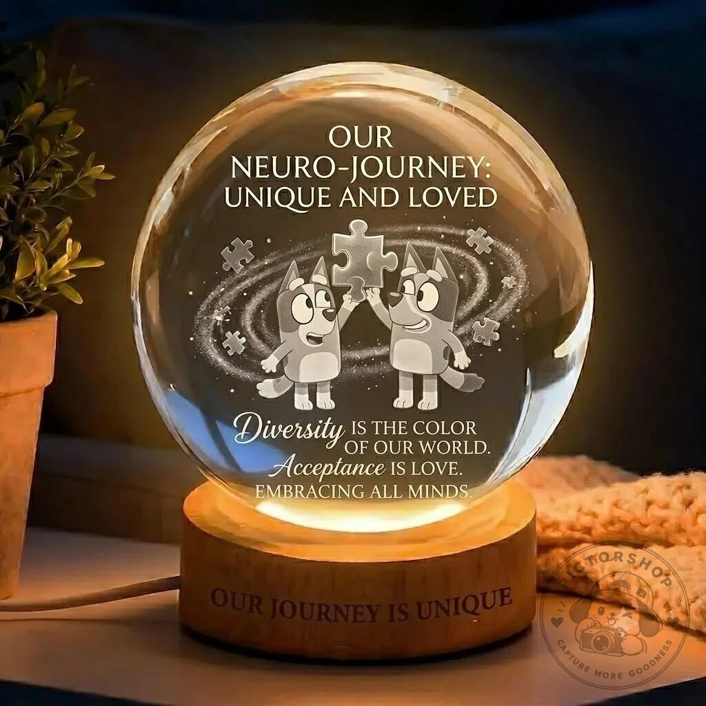 Bluey Autism Awareness Crystal Ball Lamp with Wooden Base, Unique Neuro-Journey Gift