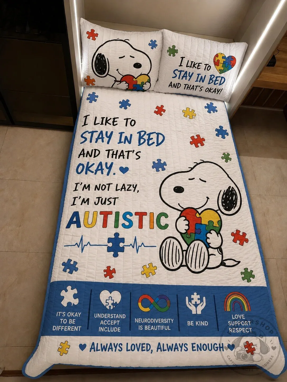 Quilt Bedding Set Featuring Snoopy for Autism Awareness - Embrace Staying in Bed Comfortably