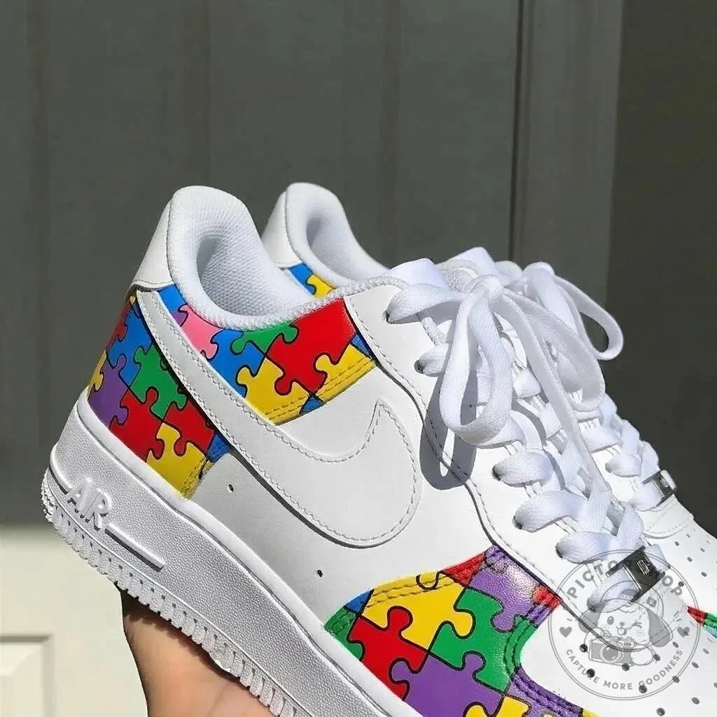 Autism Awareness Puzzle Pattern White Low Top Sneakers 8 Autism Awareness Puzzle Pattern White Low Top Sneakers