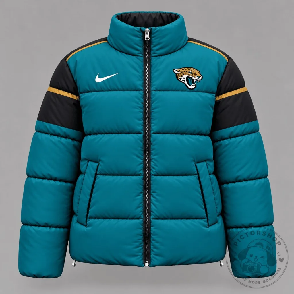 Jacksonville Jaguars NFL Teal and Black Puffer Jacket with Team Logo Jacksonville Jaguars NFL Teal and Black Puffer Jacket with Team Logo