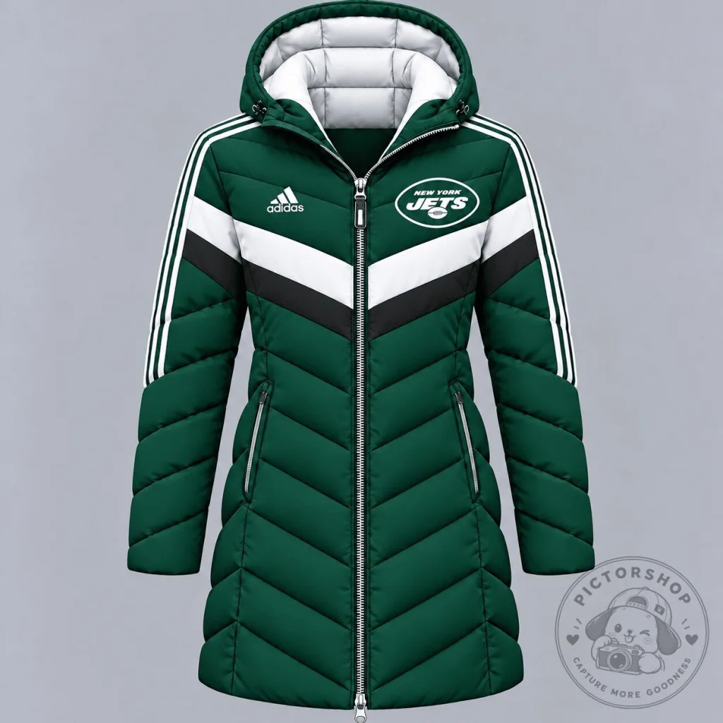 New York Jets Adidas Premium Arctic Shield Chevron Long Hooded Puffer Jacket New York Jets Adidas Premium Arctic Shield Chevron Long Hooded Puffer Jacket