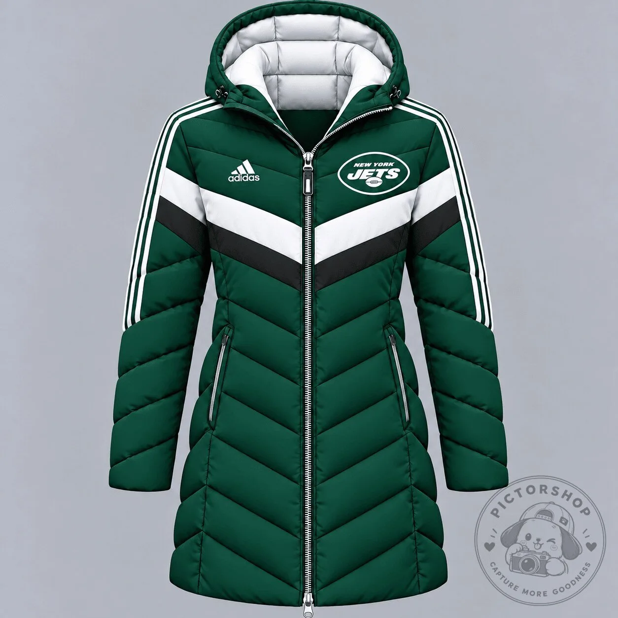 New York Jets Adidas Premium Arctic Shield Chevron Long Hooded Puffer Jacket 2 New York Jets Adidas Premium Arctic Shield Chevron Long Hooded Puffer Jacket
