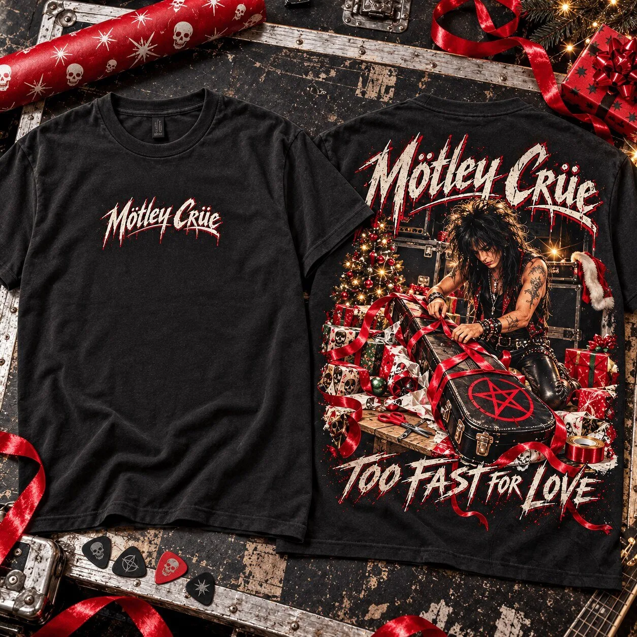Motley Crue Too Fast for Love Christmas Nikki Sixx Glam Metal Band T-Shirt 1 Motley Crue Too Fast for Love Christmas Nikki Sixx Glam Metal Band T-Shirt