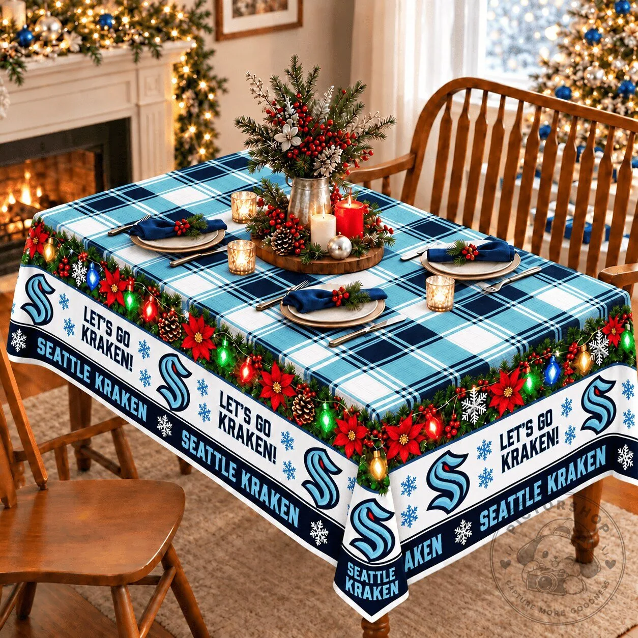 Seattle Kraken Christmas Plaid Holiday Tablecloth for Dining Table Decor