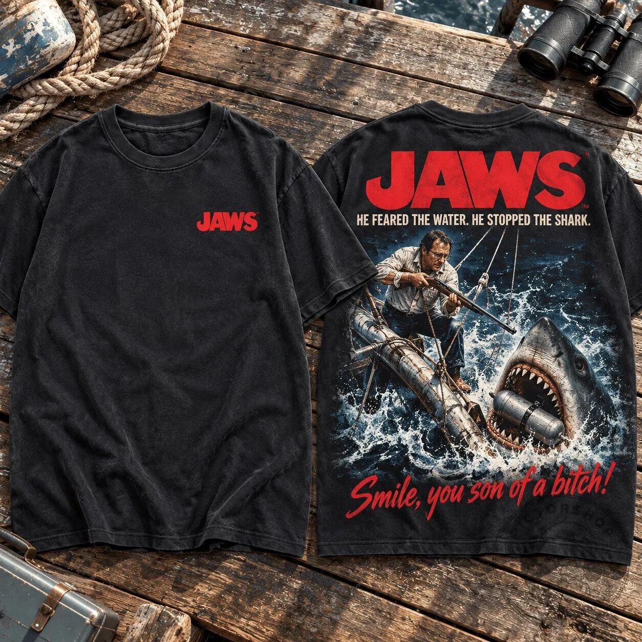 Jaws Quint Shark Showdown Movie Poster Black Graphic T-Shirt 2 Jaws Quint Shark Showdown Movie Poster Black Graphic T-Shirt