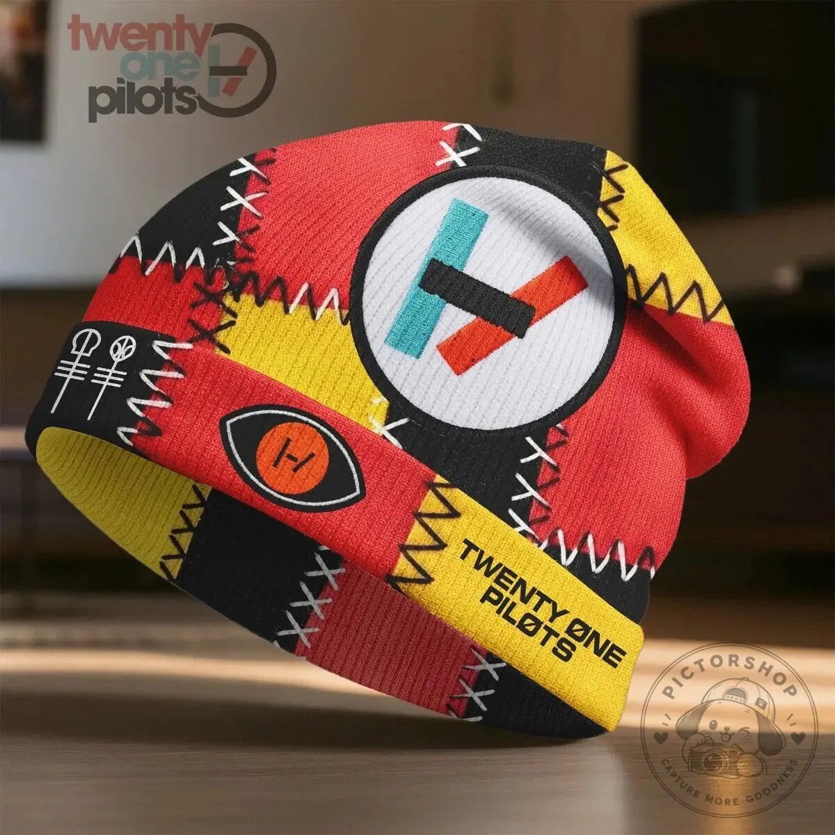 Twenty One Pilots Patchwork Logo Colorblock Beanie Hat