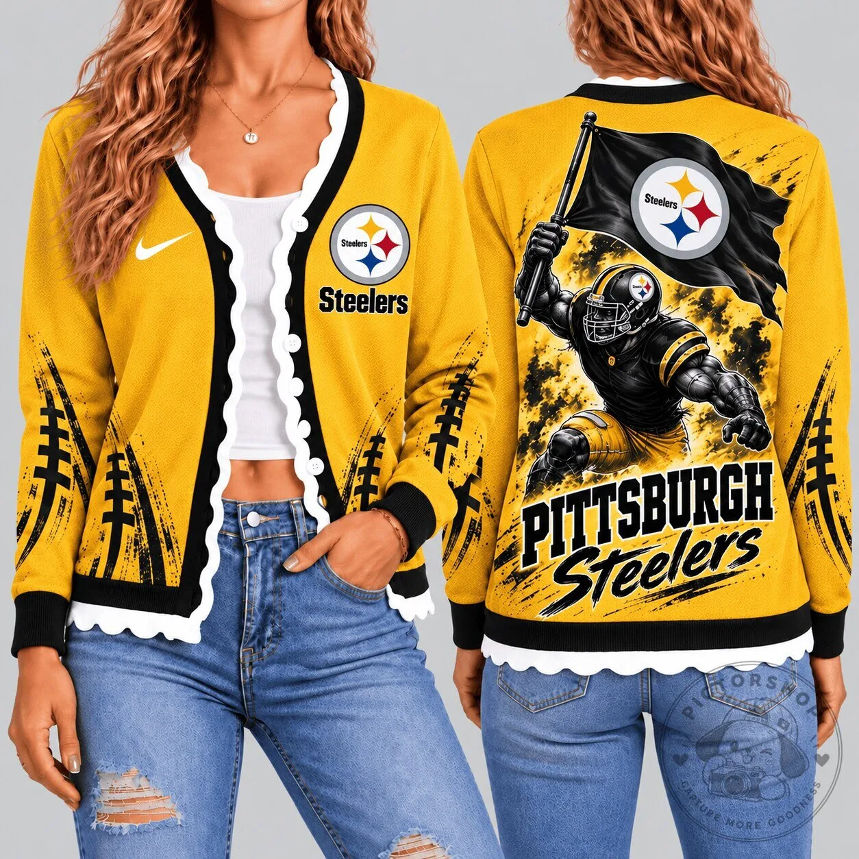 Pittsburgh Steelers NFL Warrior Flag Knit Cardigan for Women 1 Pittsburgh Steelers NFL Warrior Flag Knit Cardigan for Women