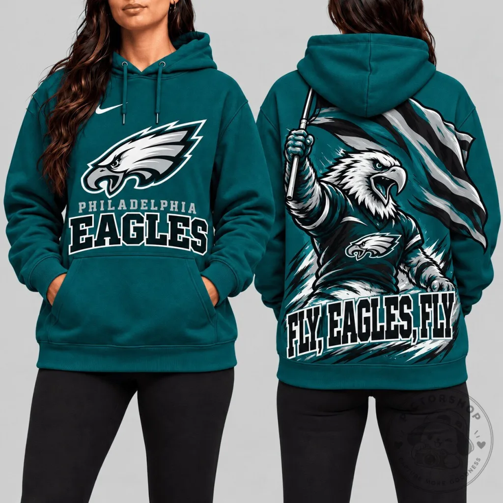 Philadelphia Eagles Fly Eagles Fly Mascot Back Print Hoodie for Football Fans Philadelphia Eagles Fly Eagles Fly Mascot Back Print Hoodie for Football Fans