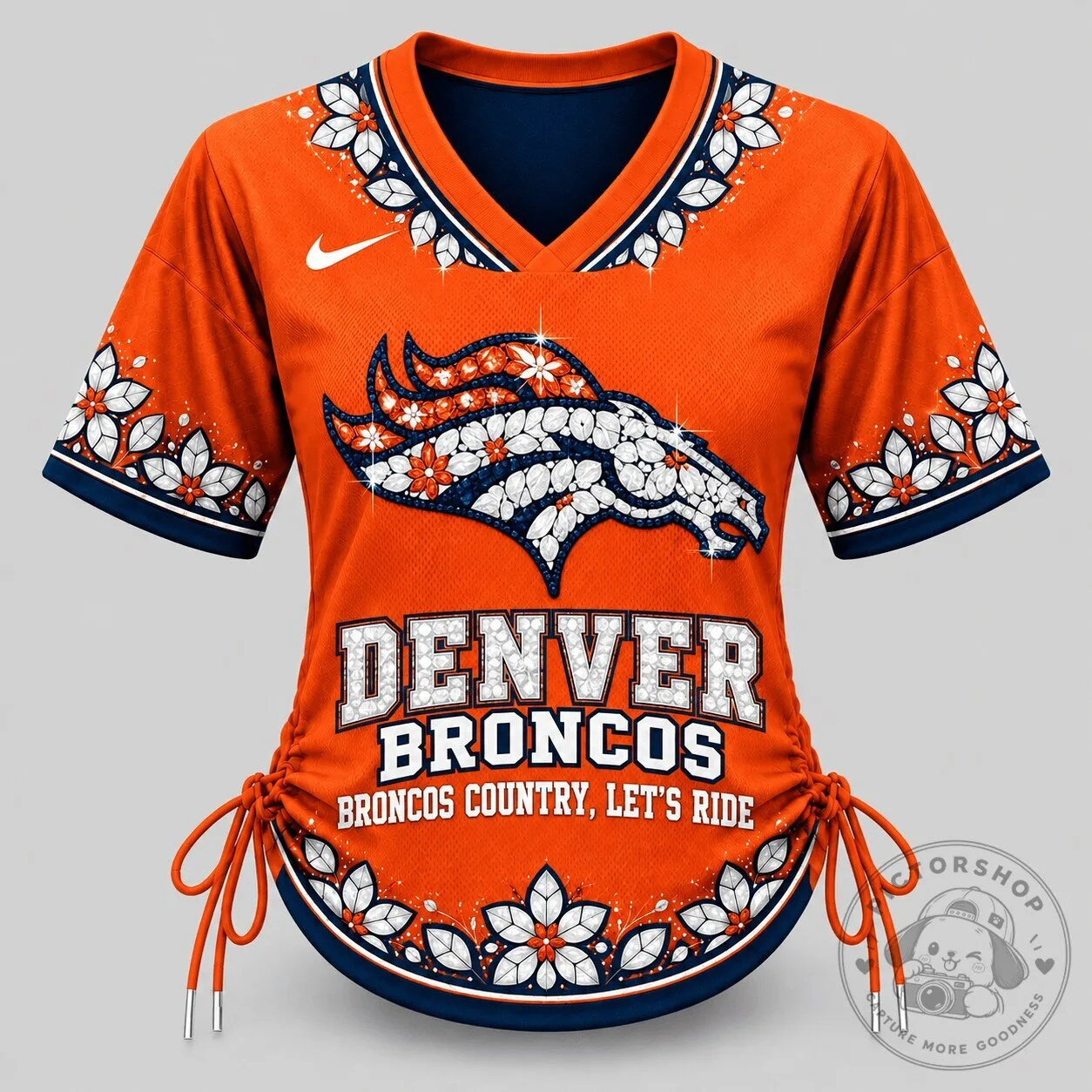 Denver Broncos NFL Floral Sparkle Logo Lace Up Women's T-Shirt 3 Denver Broncos NFL Floral Sparkle Logo Lace Up Women's T-Shirt