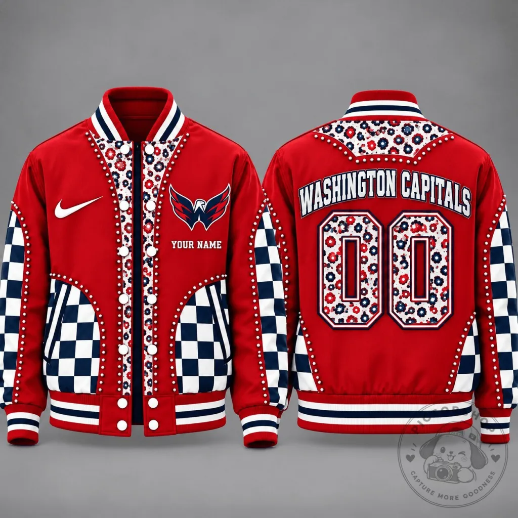 Washington Capitals Personalized NHL Team Floral Checkerboard Varsity Jacket Washington Capitals Personalized NHL Team Floral Checkerboard Varsity Jacket