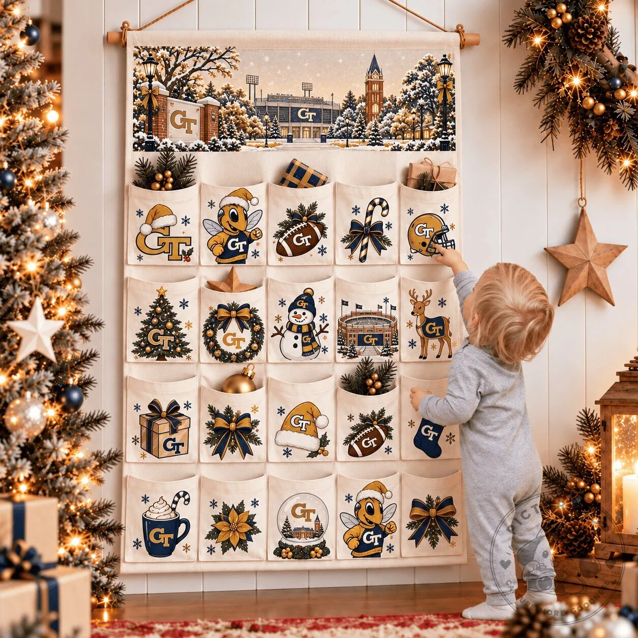 Georgia Tech Yellow Jackets Christmas Advent Calendar Wall Hanging with Pockets 2D