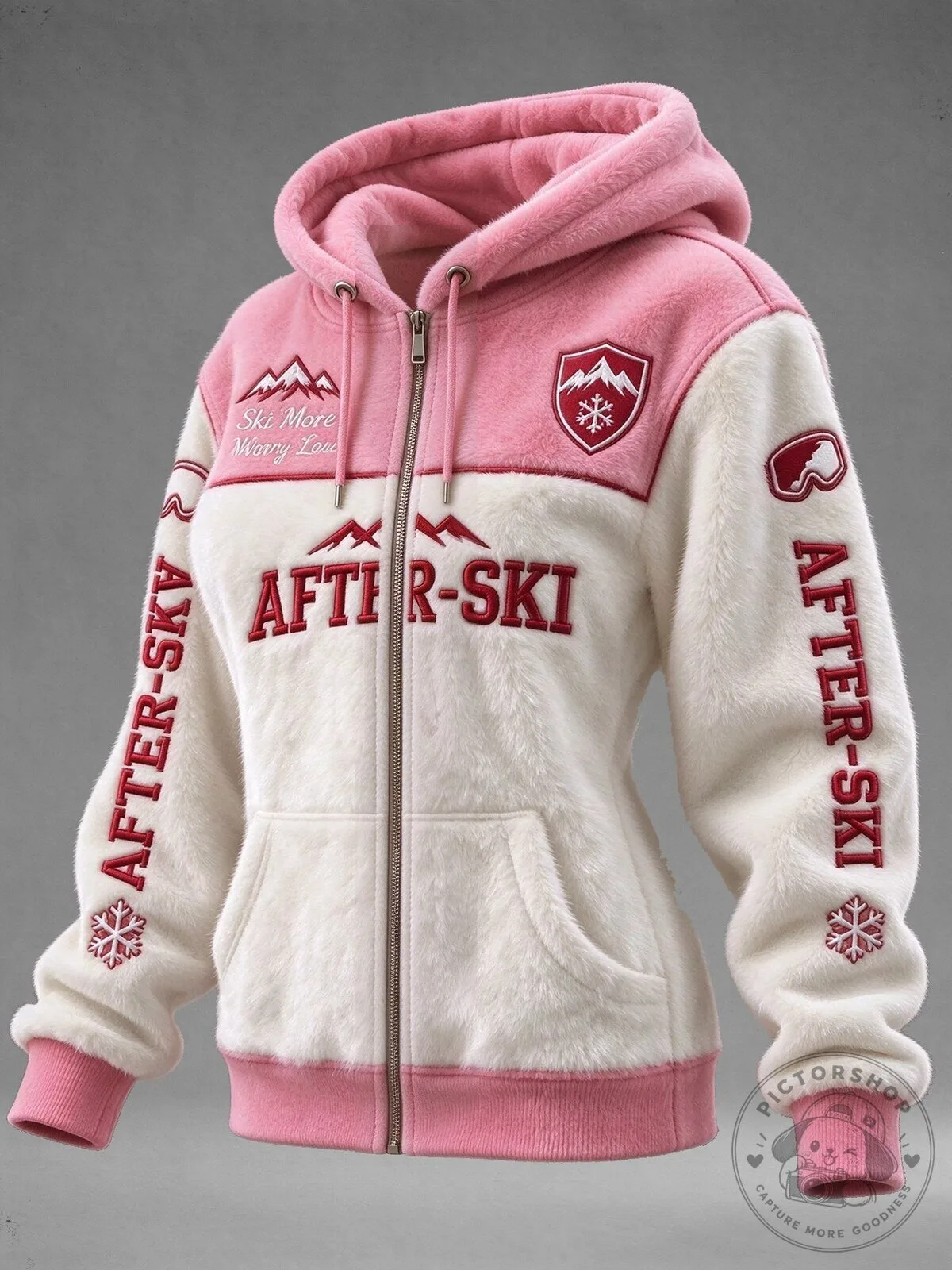 Women's Pink and White After-Ski Winter Fluffy Zip-Up Hoodie Jacket