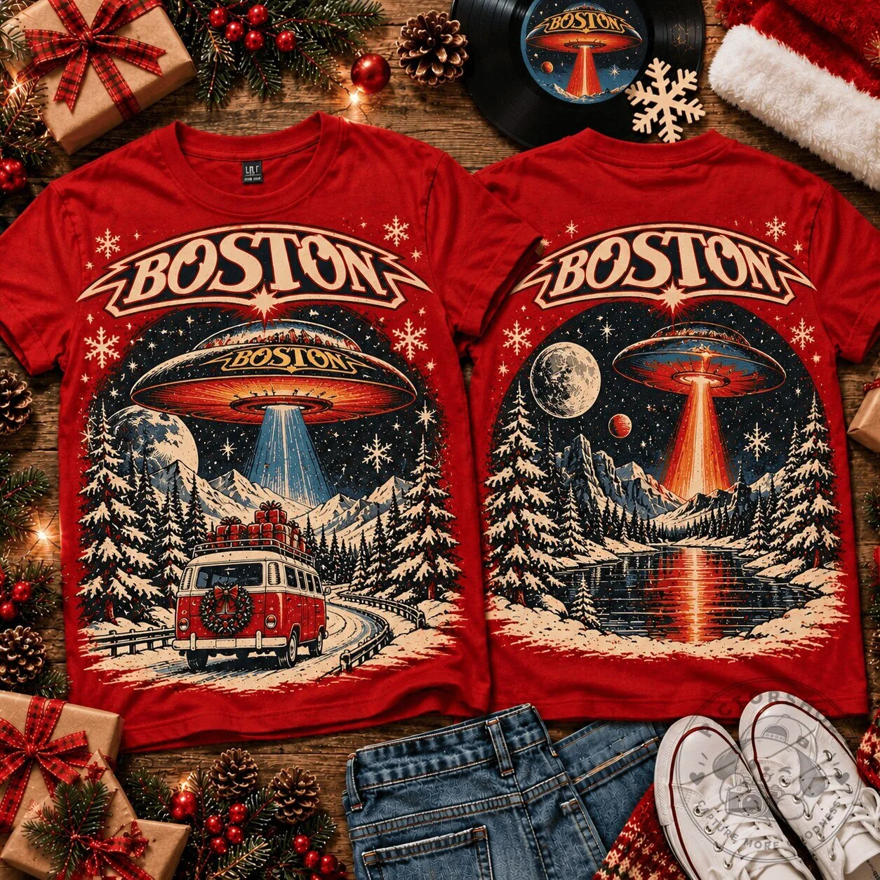 Boston Band Christmas Winter Wonderland UFO Scene Graphic T-Shirt