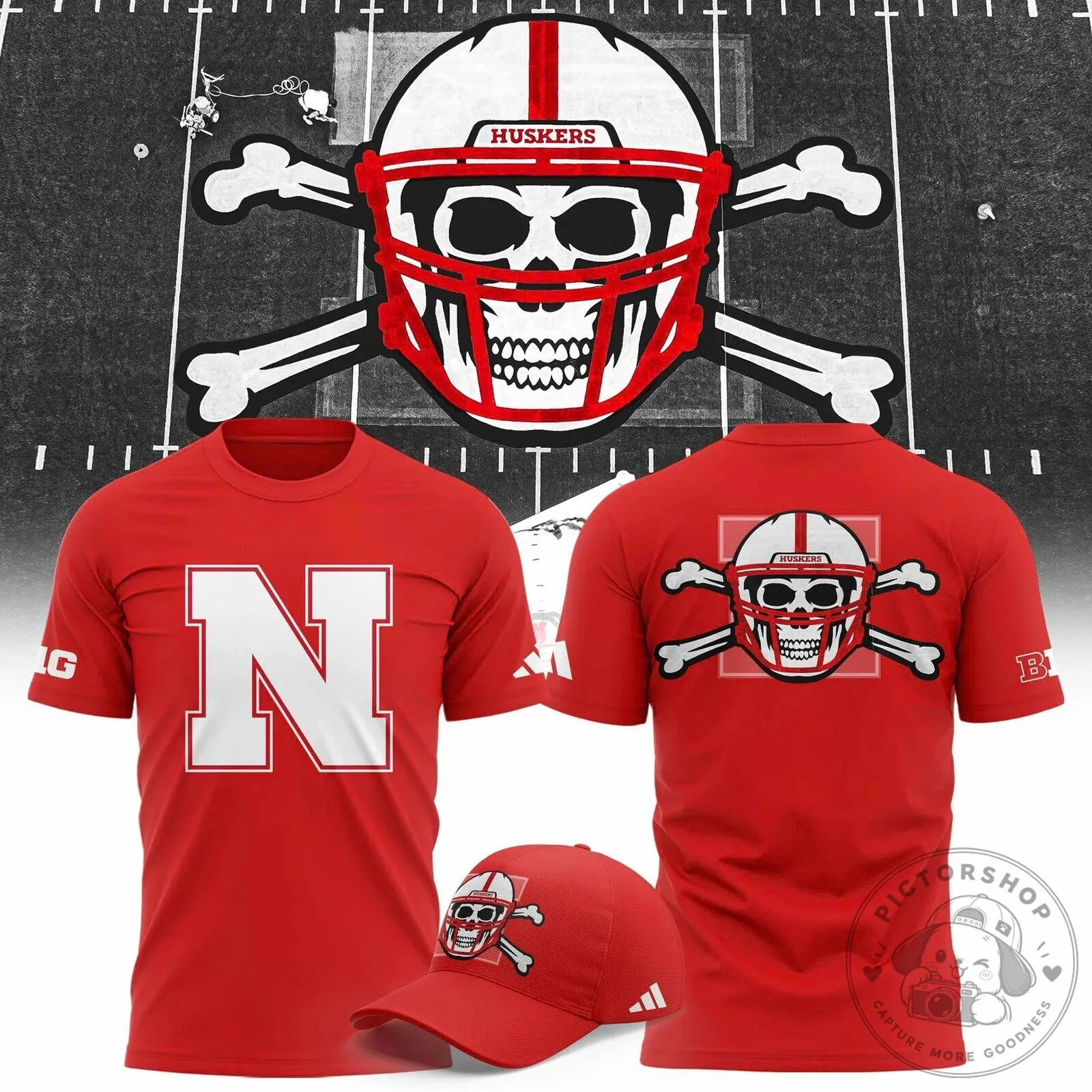 Nebraska Cornhuskers Football Skull and Crossbones Helmet Red T-Shirt