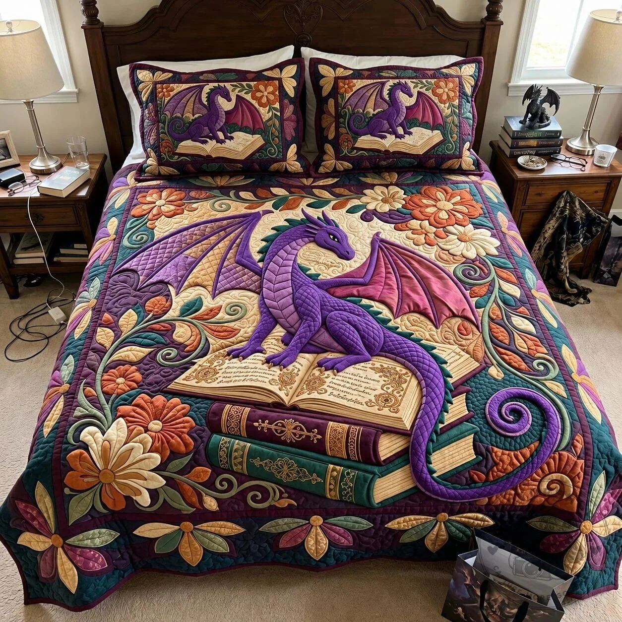 Fantasy Purple Dragon Storybook Floral Quilted Bedding Set