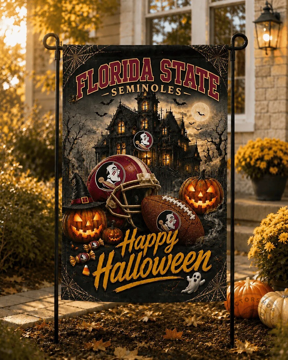 Florida State Seminoles Halloween Haunted House Garden Flag 3 Florida State Seminoles Halloween Haunted House Garden Flag